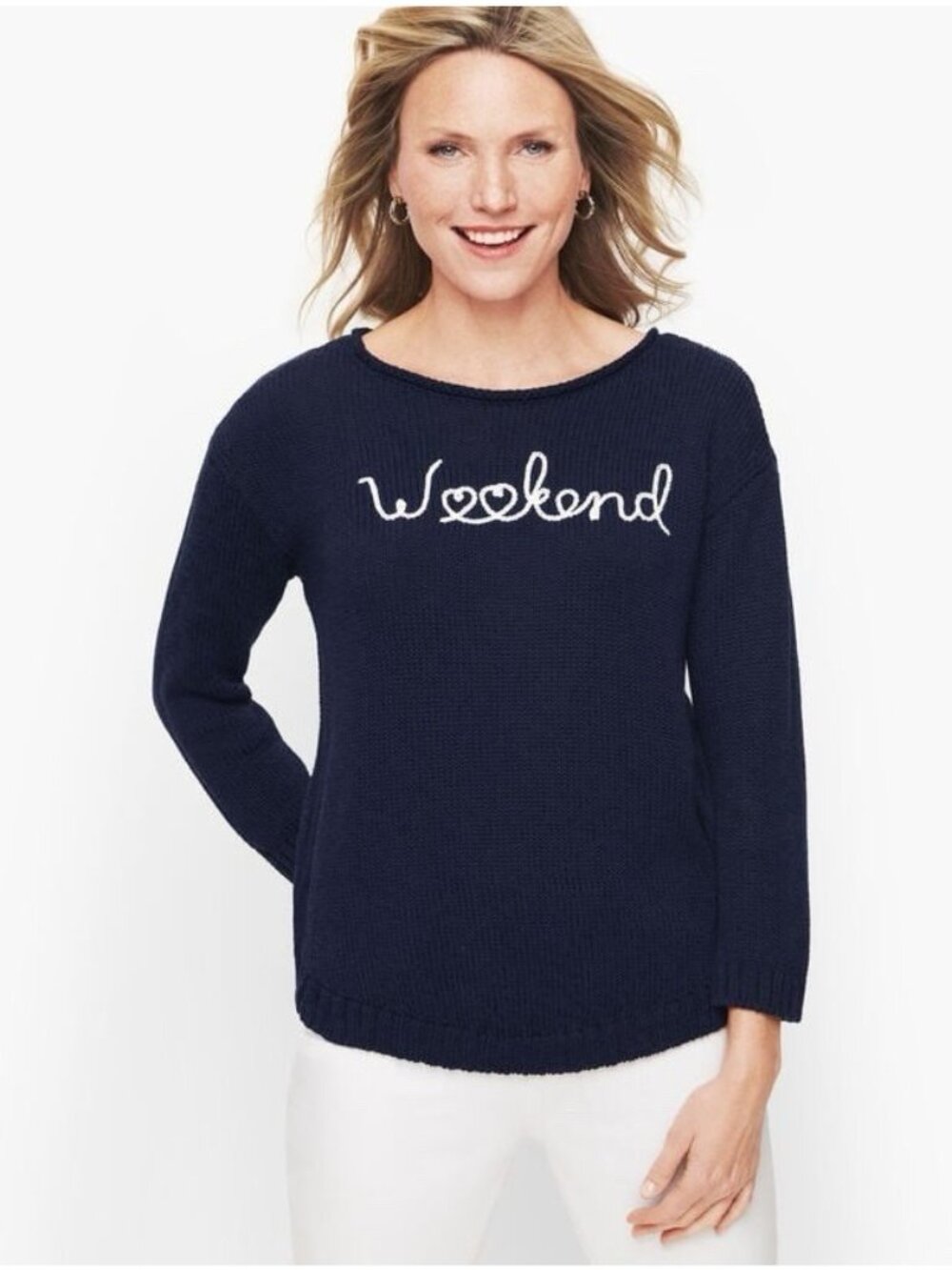 Talbots Womens Navy Blue Sweater Large Weekend Pullover Cotton Light NEW